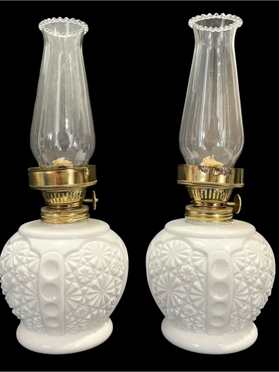 Other - Vintage 1950s Milk Glass Oil Lamps (2) - Daisy and Botton Patterned Body